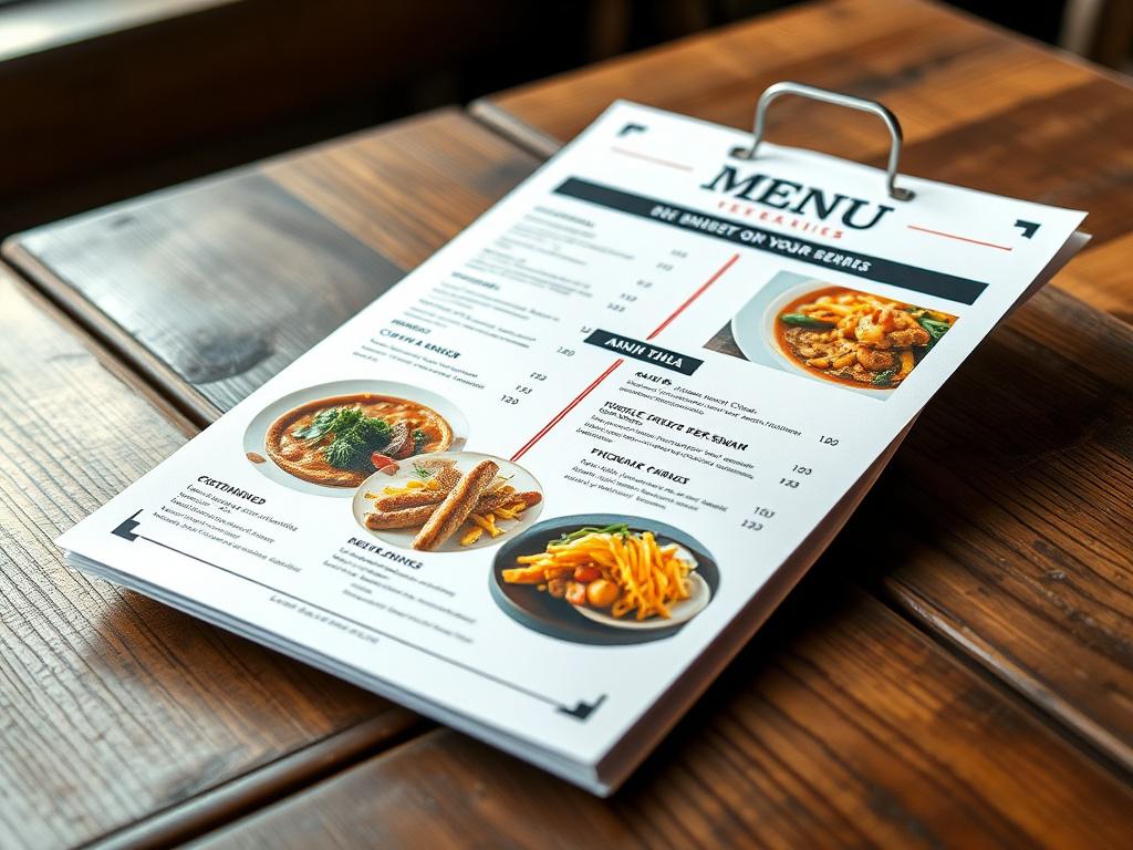 A close-up shot of a beautifully designed menu placed on a rustic wooden table. The menu features a clean layout and appetizing images of dishes. The background is softly blurred to highlight the menu. The image is rendered in hyper-realistic style, shot with a 45mm f/1.2 lens to ensure sharp focus on the menu details.
