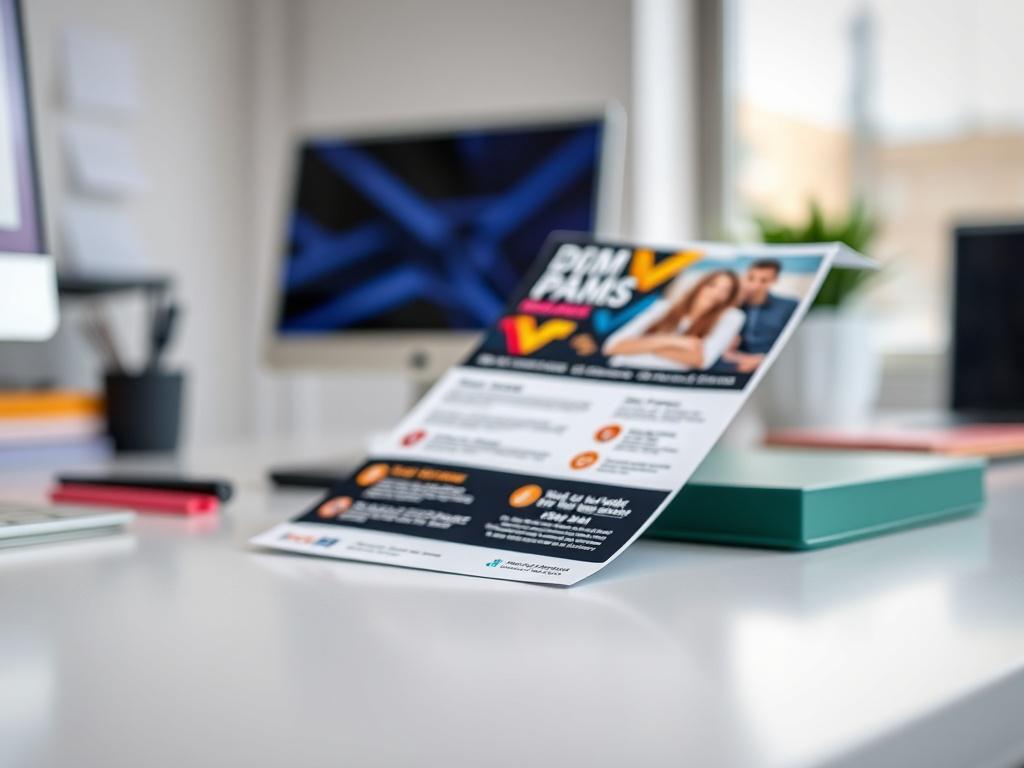 A close-up shot of a vibrant custom flyer on a clean desk. The flyer features a colorful design with compelling graphics and text, showcasing its professional quality. The background is softly blurred, emphasizing the flyer. The image is rendered in hyper-realistic style, using a 45mm f/1.2 lens for a sharp focus on the flyer while maintaining a pleasant bokeh effect.