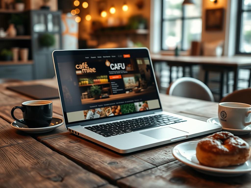 A hyper-realistic close-up shot of a beautifully designed website displayed on a laptop, showcasing a vibrant café menu. The laptop is placed on a rustic wooden table, surrounded by coffee cups and pastries. The background features a cozy café environment with warm lighting, creating an inviting atmosphere. Shot with a 45mm f/1.2 lens style, the focus is sharp on the laptop screen, highlighting the intricate details of the website design.