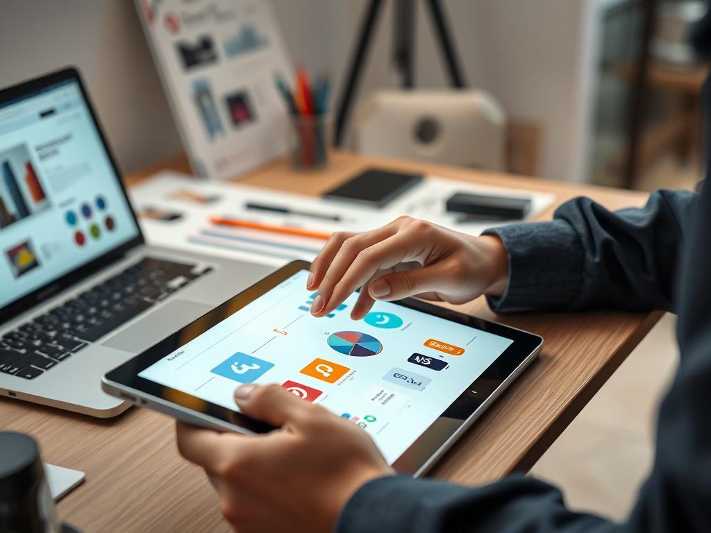 A close-up shot of a professional designer working on a digital tablet, creating branding materials in a modern workspace. The background should be clean and minimalist, showcasing design sketches and a laptop, with a focus on the designer's hands and the vibrant colors of the branding materials. The image should reflect a modern and professional atmosphere, highlighting creativity and technology.