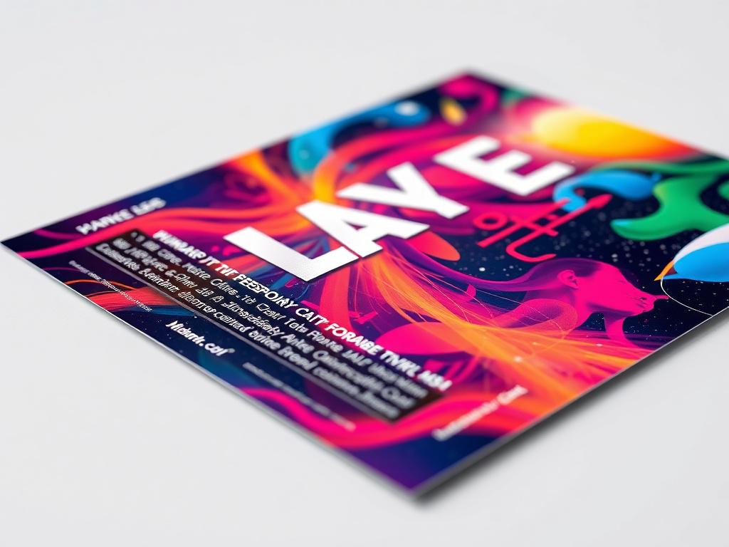 A close-up shot of a beautifully designed flyer showcasing vibrant colors and creative graphics. The flyer should feature a clean layout with no text, highlighting the artistic design elements. The background should be simple and uncluttered to emphasize the flyer itself. The image should be rendered in hyper-realistic quality, using a 45mm f/1.2 lens style, capturing every detail of the flyer.
