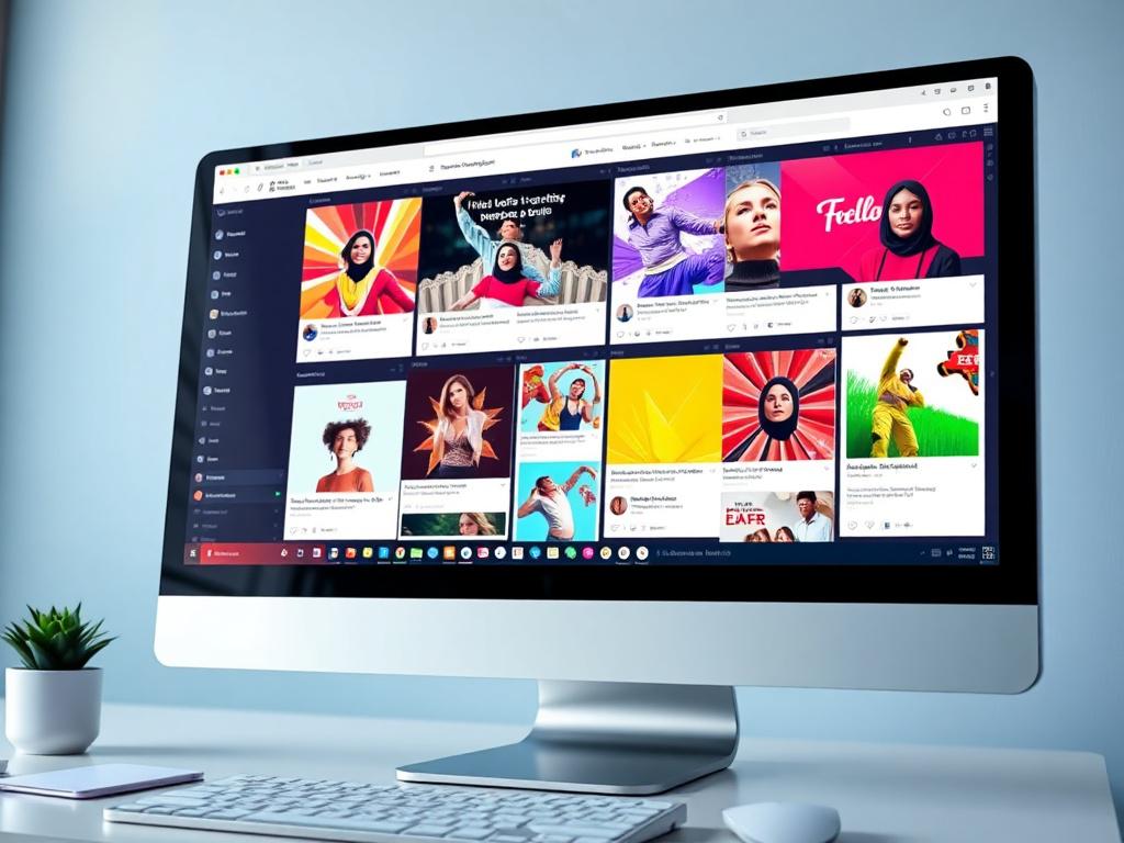 A close-up shot of a computer screen displaying a series of vibrant and engaging social media posts. The posts should include colorful graphics and visually appealing layouts, with no text visible. The background should be simple and professional to keep the focus on the screen. The image should be rendered in hyper-realistic quality, utilizing a 45mm f/1.2 lens style to capture the details.