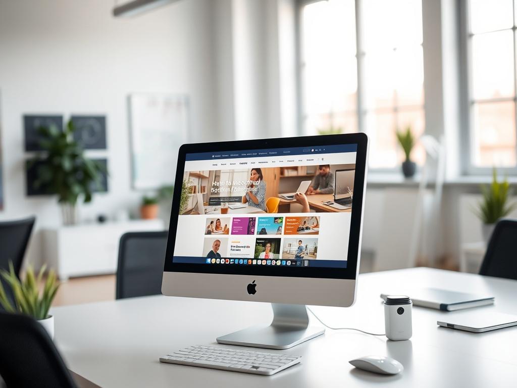 A close-up shot of a computer screen displaying a beautifully designed website, featuring elements such as a modern layout, vibrant colors, and engaging visuals. The background should be a clean, minimalistic office setting with soft natural light illuminating the scene. The image should be captured with a 45mm f/1.2 lens to enhance the depth of field, focusing sharply on the screen while slightly blurring the background.