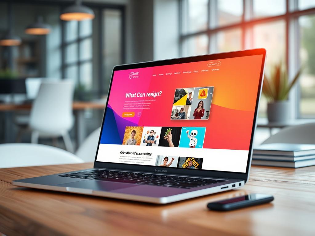 A hyper-realistic, close-up shot of a beautifully designed website displayed on a sleek laptop. The laptop is placed on a modern wooden desk with a blurred background of an office environment. The focus is on the vibrant colors and layout of the website, showcasing its user-friendly interface and engaging visuals. The lighting is soft, highlighting the details of the laptop and the design on the screen, creating an inviting atmosphere.