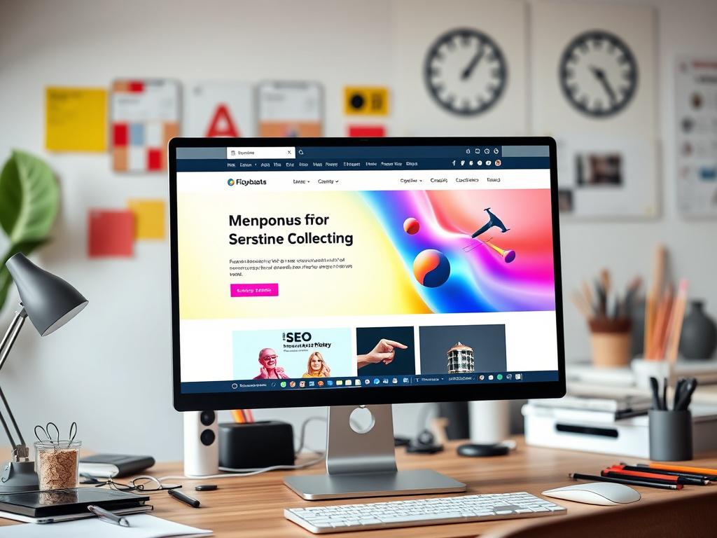 Create a realistic high-resolution photo of a computer screen displaying a well-structured website with clear headings and SEO elements. The background should be an office setting with design elements, featuring a desk and creative tools. The composition should focus on the screen, highlighting the vibrant colors of the website. The image should reflect a professional and inviting atmosphere.