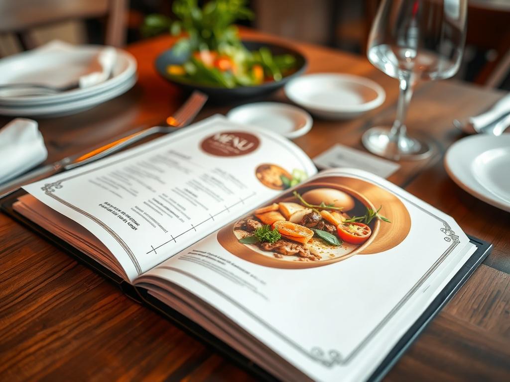 Generate a realistic high-resolution photo of a beautifully designed restaurant menu placed on a wooden table. The menu should be open, showcasing colorful dishes and elegant typography. The background should include blurred elements of a dining setting, like plates and cutlery, to create an inviting atmosphere. The composition should highlight the menu while maintaining a warm and welcoming vibe.