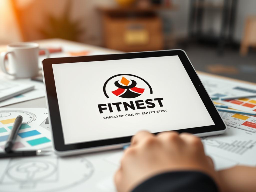 Design a realistic high-resolution photo of a logo design concept for a fitness center displayed on a design tablet. The image should show a creative workspace with sketches and color swatches around. The focus should be on the logo, which should convey energy and community spirit. The background should be softly blurred to emphasize the logo design process in a lively environment.