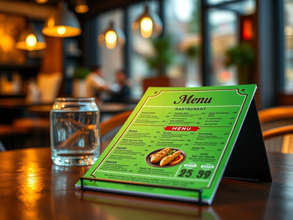 A close-up shot of a vibrant, professionally designed flyer showcasing a restaurant menu. The flyer should be positioned prominently in the center of the image, with a blurred background of a stylish cafe setting. The colors should be rich and inviting, with an emphasis on the green primary color (rgb(50, 170, 39)). The lighting should be warm and natural, creating an inviting atmosphere.