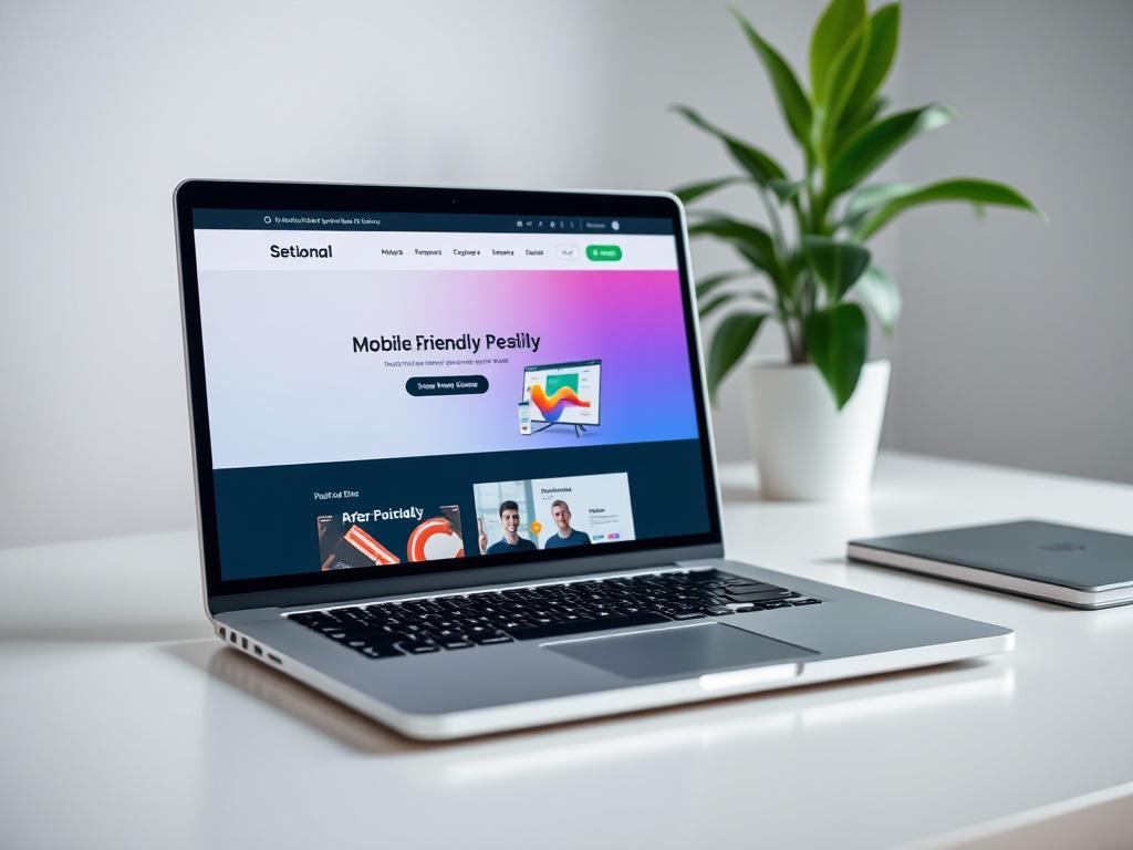 A hyper-realistic close-up shot of a modern laptop displaying a beautifully designed, mobile-friendly website. The laptop is placed on a clean, minimalist desk with a plant in the background. The image is shot with a 45mm f/1.2 lens for a crisp focus, showcasing vibrant colors and details that reflect a professional digital workspace. The primary color rgb(50, 170, 39) subtly accents the background to create a cohesive visual appeal.