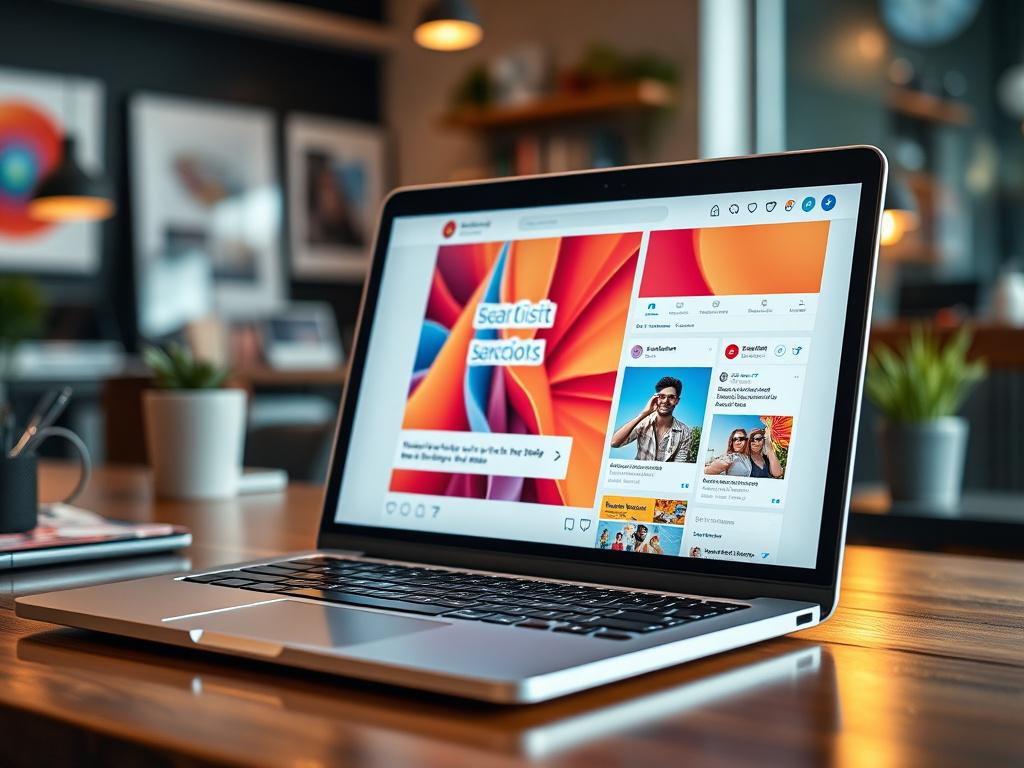 A hyper-realistic close-up of a laptop screen displaying vibrant social media content. The screen shows a beautifully designed graphic post and engaging captions, set against a stylish workspace background. The lighting reflects the modern and creative atmosphere, emphasizing the professionalism of the content.