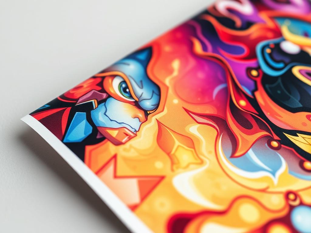 A hyper-realistic close-up image of a high-quality printed poster showcasing vivid colors and intricate details. The poster is displayed against a clean, neutral background, highlighting the richness of the print. Soft lighting enhances the texture of the paper, giving a sense of depth and professionalism.