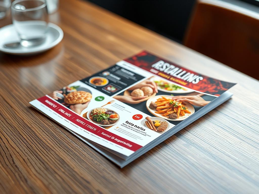 A close-up shot of a beautifully designed marketing flyer featuring vibrant colors and engaging graphics. The flyer showcases a restaurant menu with enticing food images, presented on a sleek wooden table. The background is softly blurred to emphasize the flyer, while the lighting highlights the textures and colors of the design. This image should reflect professionalism and creativity, resonating with the branding of LocalEdge Media.