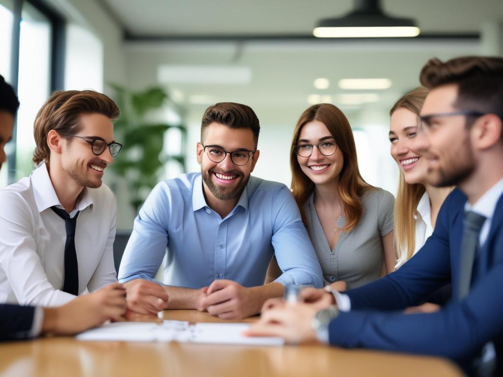 A close-up shot of a diverse group of professionals engaged in a team-building exercise. The setting is a bright, modern meeting room with elements of teamwork visible in the background. The focus is on one person leading the activity, displaying enthusiasm and engagement. The lighting is warm and inviting, capturing a sense of collaboration and energy.