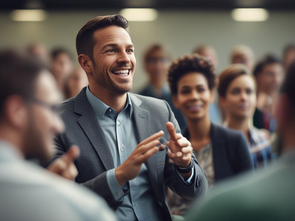 A high-resolution close-up of a confident individual speaking in front of a group during a leadership seminar. The background shows engaged attendees, with the focus on the speaker’s expressive gestures and passionate delivery. The setting is professional and well-lit, emphasizing the importance of leadership and connection.