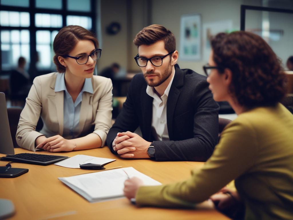 A close-up image of two colleagues engaged in a constructive conversation, with one person actively listening and nodding in understanding. The background features a cozy office environment, promoting a sense of openness and dialogue. The lighting is soft, highlighting the importance of communication and resolution.