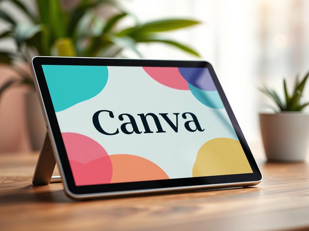 A close-up shot of a beautifully designed branded Canva template displayed on a sleek digital tablet. The template showcases vibrant colors and elegant typography, emphasizing a professional and modern aesthetic. The background is softly blurred to focus on the tablet, with hints of greenery and natural light creating a fresh and inviting atmosphere.