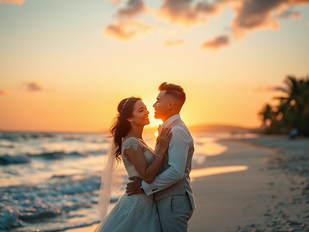A breathtaking sunset wedding scene featuring a couple embracing on a beach. The sun sets on the horizon, casting warm golden and pink hues across the sky and reflecting on the gentle waves. The couple, dressed in elegant wedding attire, stands close together with a backdrop of softly swaying palm trees. The focus is on their joyful expressions, capturing the magic of their special moment. The image is shot in high resolution with a 45mm f/1.2 lens, ensuring a dreamy, romantic atmosphere.