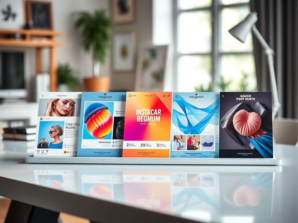 A high-resolution close-up shot of a beautifully arranged social media post pack displayed on a sleek, modern desk. The pack includes vibrant, eye-catching designs with a variety of colors, showcasing different templates for Instagram, Facebook, and Twitter posts. The background features a subtle blur of a cozy creative workspace, emphasizing the focus on the social media post pack. The image should reflect a professional and appealing aesthetic, shot with a 45mm f/1.2 lens style.