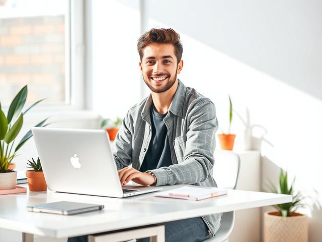 **Prompt for AI Image Generation:**

Create a realistic high-resolution photo that embodies the theme of "Elevate Your Social Media Presence." The composition should be simple and clear, focusing on a single subject: a confident small business owner sitting at a modern, minimalist desk, engaging with their laptop while smiling at the camera. The owner, a young adult with a warm, friendly expression, should be dressed in casual yet professional attire, suggesting a blend of approachability and expertise.

Th