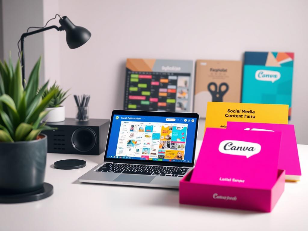 A high-resolution photo depicting a creative workspace featuring a laptop with a vibrant social media content calendar displayed on the screen. In the background, there are colorful post packs and branded Canva templates neatly organized on a modern desk with clean lines. The setting has a minimalistic design with bold, vibrant colors that draw attention to the visuals. The lighting is bright and inviting, creating a productive atmosphere.