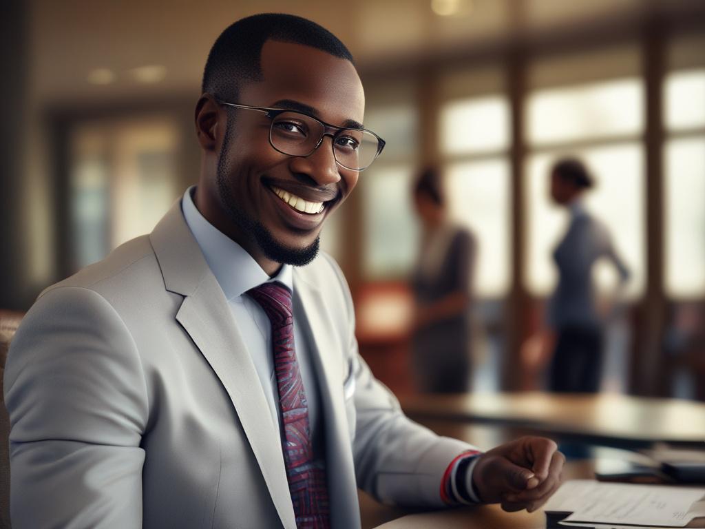 a close-up shot of a business traveler receiving concierge services in Kinshasa, showcasing personalized attention, warm atmosphere, high-resolution, hyper-realistic, 45mm f/1.2 lens style