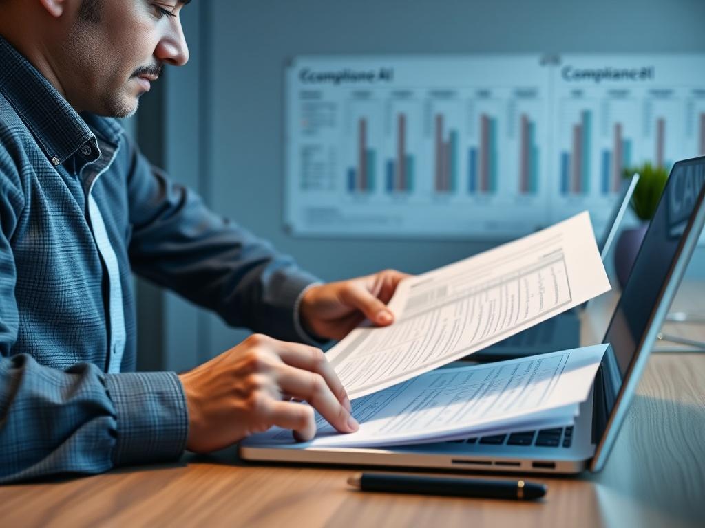 A close-up shot of a focused professional reviewing structured compliance documents on a modern desk, with a laptop and regulatory framework charts in the background. The setting conveys a sense of precision and professionalism, highlighting the importance of compliance in AI operations. The color scheme incorporates the primary color #CFB07C for a cohesive look.
