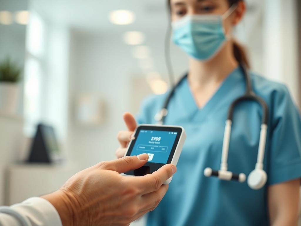 A close-up shot of a biometric consent verification device being used by a healthcare professional. The background should be a clean, modern healthcare setting, with a focus on the device and the professional's hands. The lighting should be bright and inviting, showcasing the advanced technology in use. The image should emphasize clarity and realism, shot with a 45mm f/1.2 lens.