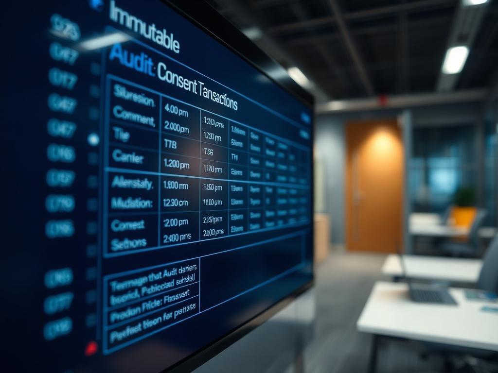 A close-up of a digital screen displaying an immutable audit trail interface. The screen shows a timeline of consent transactions with detailed timestamps and user information. The background should be a sleek office environment, emphasizing technology and professionalism. The lighting should highlight the screen, making it the focal point of the image. The image should be realistic, shot with a 45mm f/1.2 lens.