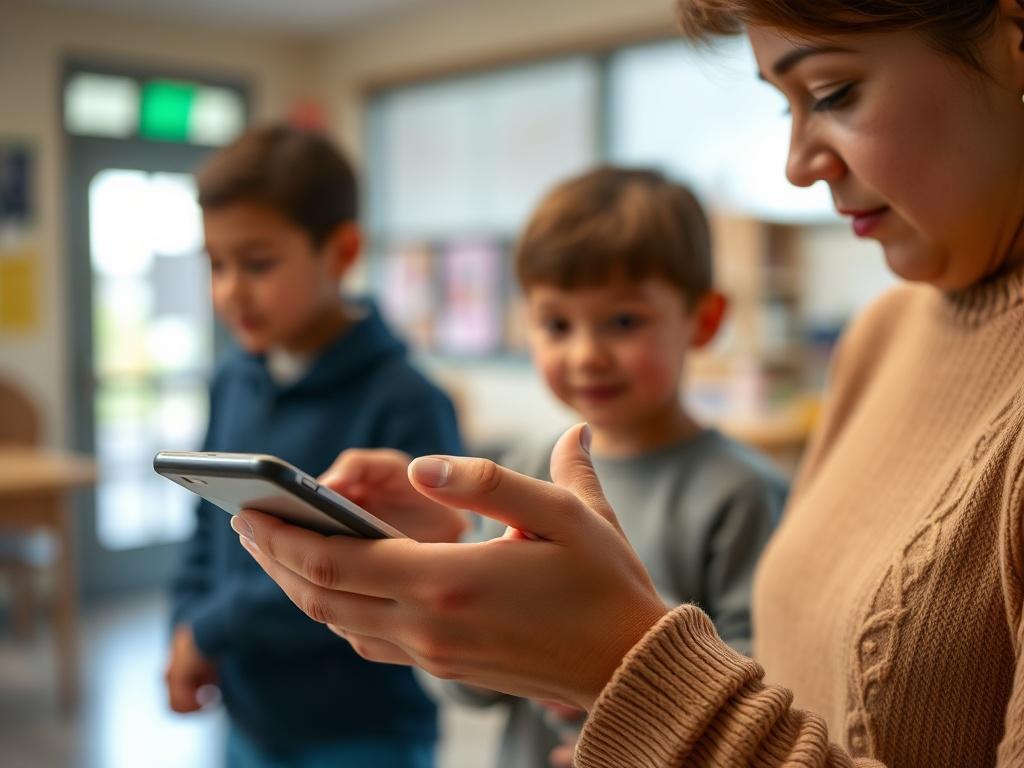A close-up shot of a parent providing biometric consent for their child on a digital device. The background should depict a family-friendly setting, such as a school or community center. The lighting should be warm and inviting, capturing the interaction between parent and technology. The image should focus on the device and the parent's hand, emphasizing the importance of parental consent. The image should be realistic, shot with a 45mm f/1.2 lens.
