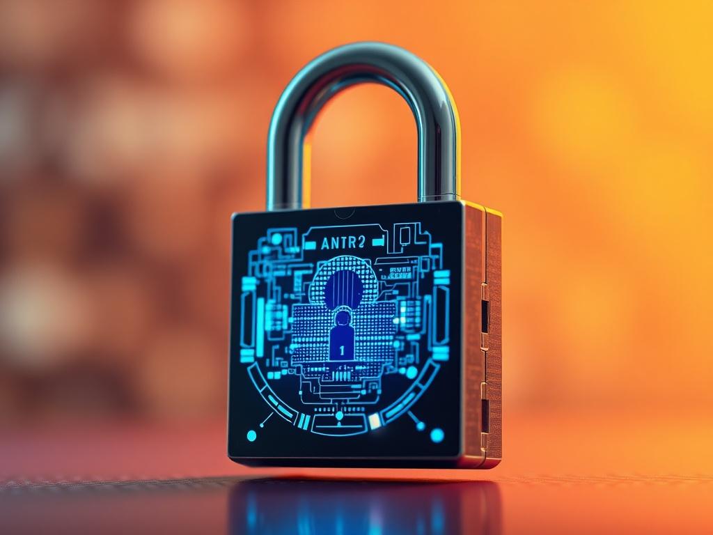A hyper-realistic close-up shot of a digital padlock symbolizing security and trust. The background should be soft and blurred with a warm color palette that complements the primary color #CFB07C. The padlock should have intricate details, showcasing technology and innovation, while the focus remains sharp on the padlock itself.