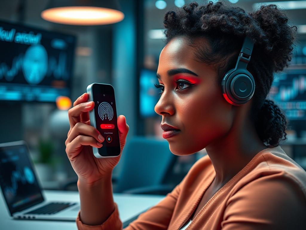 **Prompt for AI Image Generator:**

Create a realistic high-resolution photo that visually embodies the theme "Redefining AI Trust with Biometric Technology." The composition should be simple and clear, featuring a single subject: a close-up of a person, a diverse individual, seated in a modern workspace, intently interacting with a biometric device that scans their face. 

The individual should have a look of concentration and assurance as they engage with the technology, symbolizing trust and transparency