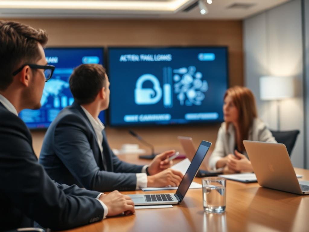 An engaging close-up shot of professionals in a boardroom discussing sector-specific AI solutions, with a digital presentation in the background. The image should reflect collaboration and innovation, showcasing the impactful work of Trustwall LLC.