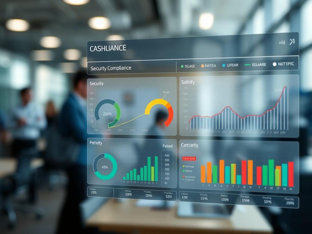 A close-up shot of a security dashboard displaying various compliance metrics, with a blurred background of a busy office.