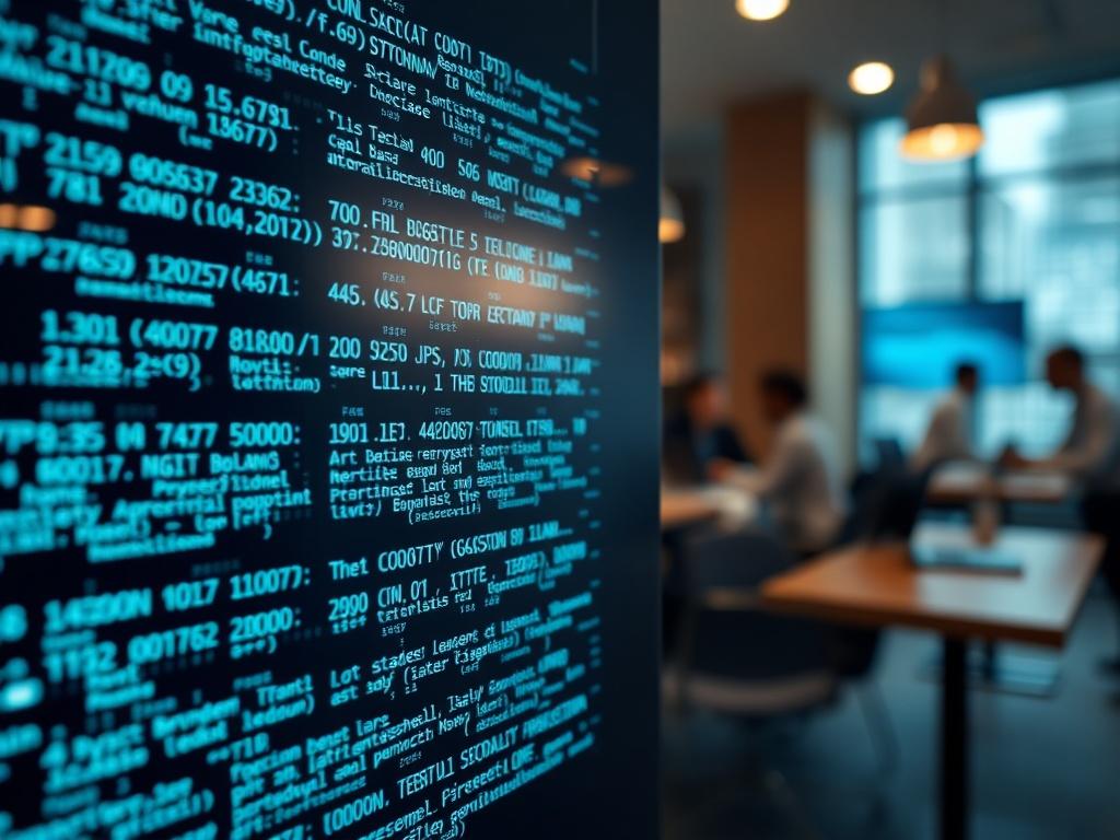 A close-up shot of a digital ledger interface displaying encrypted data, with a soft-focus background of a collaborative workspace.