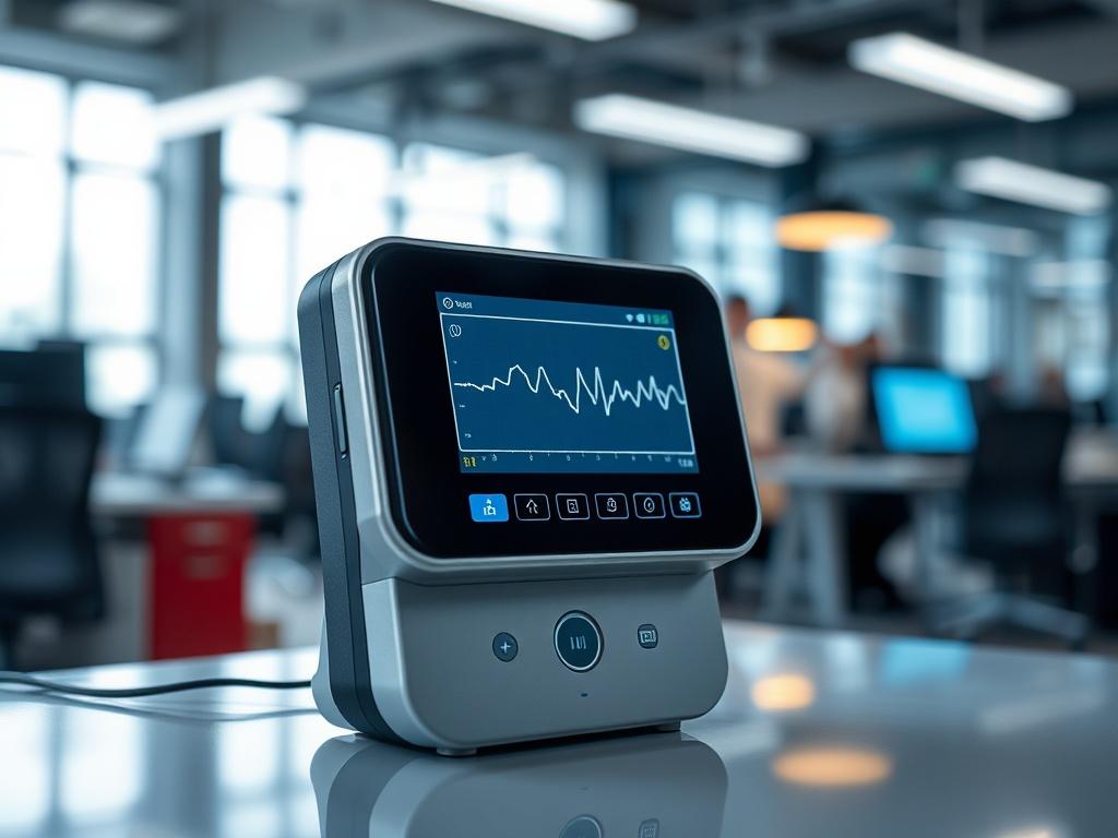 A close-up shot of a biometric monitoring device, showcasing its sleek design and functionality, with a blurred background of a modern office environment.