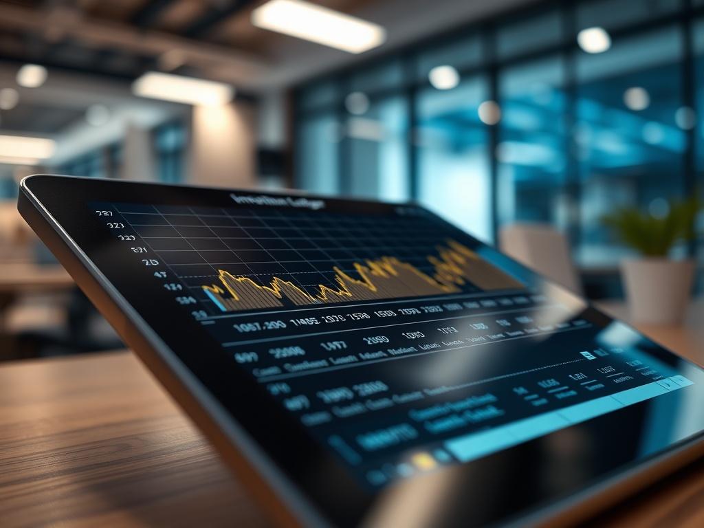 A close-up of a digital tablet displaying an immutable blockchain ledger with graphs and timestamps. The background features a modern office environment, highlighting a sense of security and technological advancement.