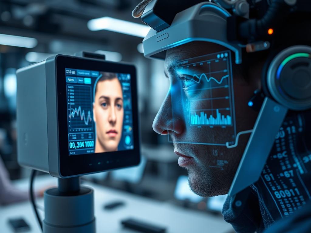 A close-up shot of a biometric scanning device analyzing a person's facial micro-expressions. The device's screen displays real-time data analysis, showcasing biometric graphs. The background should be a modern tech workspace, emphasizing innovation and security.