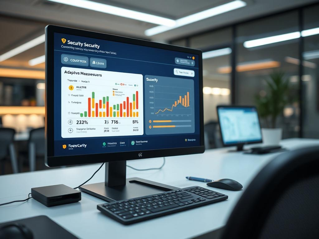 A close-up of a computer screen showing a security dashboard with real-time risk assessments and adaptive measures being activated. The background features a sleek, high-tech workspace, emphasizing advanced security.