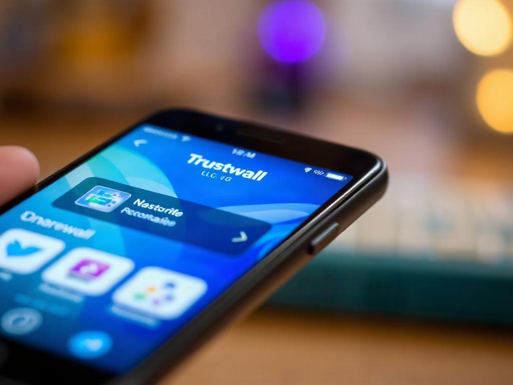 A close-up shot of a smartphone displaying a vibrant app interface of Trustwall LLC. The screen shows active buttons and notifications, symbolizing connectivity and engagement. The background is softly blurred to emphasize the smartphone, with a warm, inviting color palette that reflects Trustwall's branding.