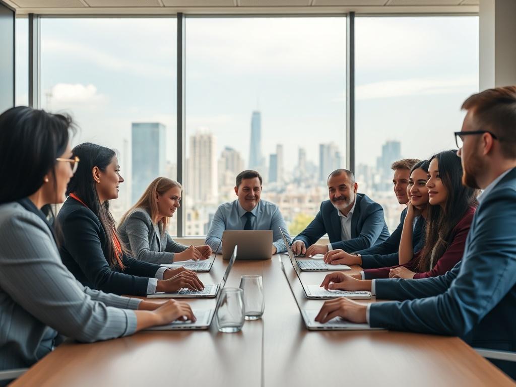 A close-up shot of a diverse group of professionals engaged in a collaborative discussion about AI trust and compliance. They are seated around a modern conference table, with laptops and notepads in front of them. Natural light floods the room, creating a warm and inviting atmosphere. The background features a large window with a view of a bustling cityscape, symbolizing innovation and progress. The image is rendered in hyper-realistic style, shot with a 45mm f/1.2 lens, compatible with the rgb(245, 77, 77