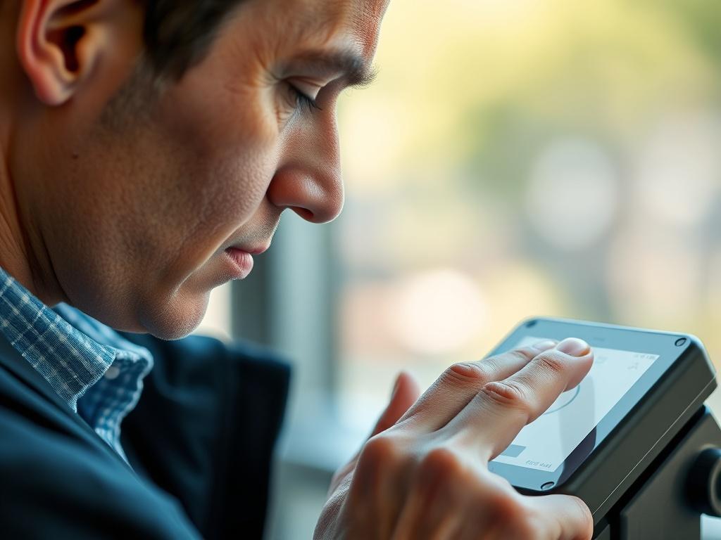 A close-up shot of a person using a biometric scanning device, with a focus on their facial expression and the device interface. The background should be blurred to emphasize the subject, with natural lighting creating a realistic effect. The overall color tone should match rgb(245, 77, 77).