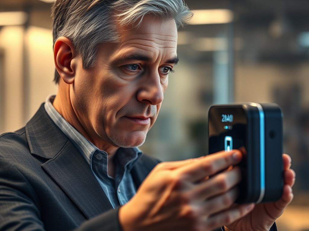 Create a highly realistic high-resolution photo that captures the essence of "Understanding Biometric Trust Verification." The composition should be simple and clear, featuring a single subject: a person engaging with advanced biometric technology. The individual should be a middle-aged professional, with a focused expression, closely examining a cutting-edge biometric device, such as a facial recognition scanner or a biometric fingerprint reader. 

Position the subject centrally, with their face illuminate