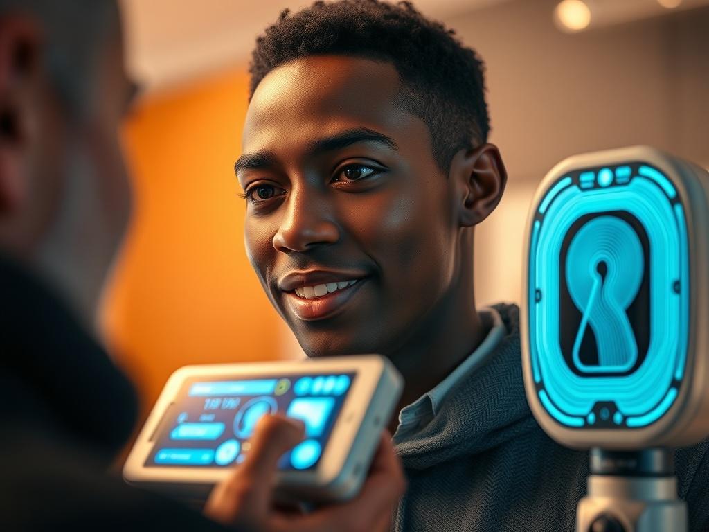 A close-up shot of a biometric scan in action, showcasing a diverse individual engaging with a biometric device that analyzes their facial expressions and voice tone. The background is softly blurred to emphasize the subject, with a warm and inviting color palette that complements the primary color rgb(245, 77, 77). The lighting highlights the technology and the individual's features, creating a sense of trust and innovation.