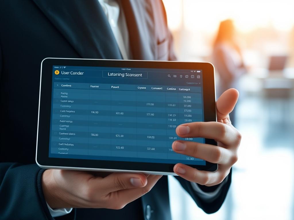A hyper-realistic image of a digital blockchain ledger interface on a sleek tablet, showing clear records of user consent. The device is held by a person in a professional setting, with an air of confidence. The background features subtle tech-themed elements, softly blurred to keep the focus on the ledger interface. The lighting is bright and modern, enhancing the sense of innovation and security.