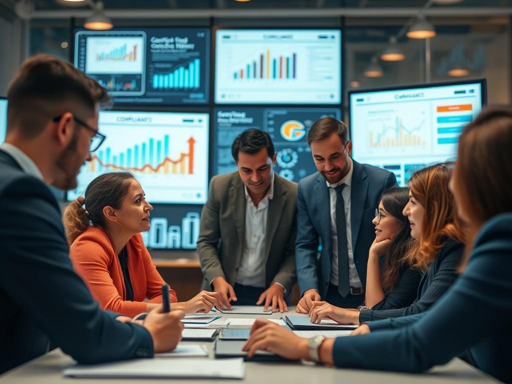 A close-up shot of a professional team engaged in a strategy session, surrounded by digital compliance charts and frameworks on screens. The atmosphere is collaborative and focused, with diverse team members sharing ideas. The background is slightly blurred, emphasizing the team's interaction and the technology at hand, while maintaining a warm color scheme that resonates with rgb(245, 77, 77).