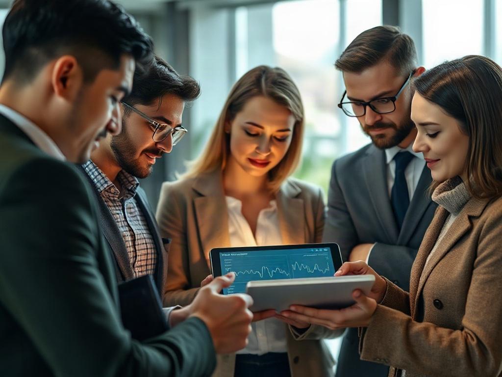 A close-up shot of a diverse group of professionals engaged in a serious discussion around a digital tablet displaying biometric data. The background features modern office elements, with soft natural lighting highlighting their faces. The image should convey trust, collaboration, and innovation, focusing on the technology and teamwork in the AI sector.