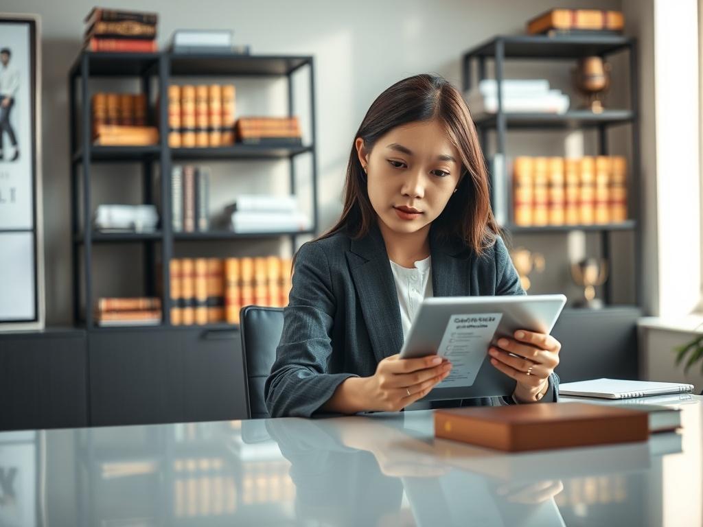 **Prompt for AI Image Generator:**

Create a realistic high-resolution photo that encapsulates the theme of "Understanding AI Compliance." The composition should feature a single subject: a thoughtful professional seated at a sleek, modern desk, intently studying a tablet displaying a digital compliance checklist. The individual should be portrayed as an Asian woman in her 30s, dressed in business casual attire, with a focused expression that conveys her engagement with the task at hand.

In the background,