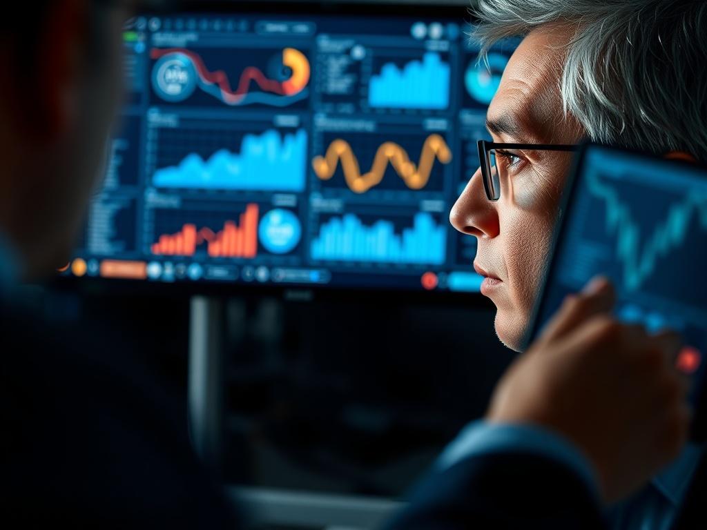 A close-up shot of a professional looking at a digital screen displaying graphs and analytics related to AI governance. The background is slightly blurred to emphasize the subject, focusing on the detailed expression of concentration and analysis. The colors should complement the primary color #CFB07C, creating a cohesive and visually appealing image.
