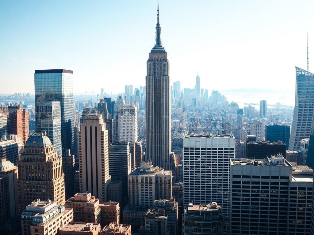 A hyper-realistic close-up shot of a modern city skyline, showcasing the iconic buildings of Manhattan, New York City during a clear day. The composition should be clean and elegant, with a focus on the architectural details and the vibrant atmosphere of the city. The background should be bright, emphasizing the professionalism of the scene, and the colors should align with the primary color rgb(245, 77, 77).