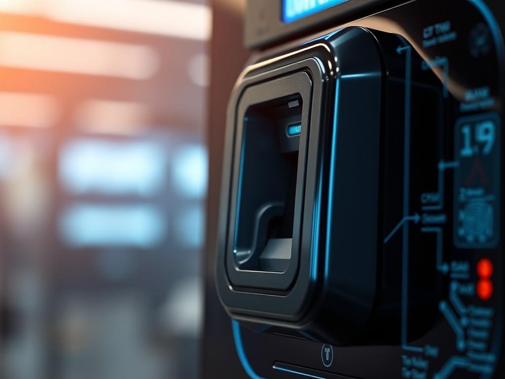 A close-up shot of a modern biometric scanner, illustrating advanced technology. The background is softly blurred to emphasize the scanner, with rgb(50, 170, 39) lighting reflecting off the surface for a futuristic feel.